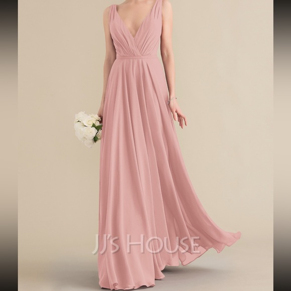 JJ's House Blush Bridesmaid Dress A-Line V-Neck Floor Length Chiffon Sz US 2 - Picture 1 of 10